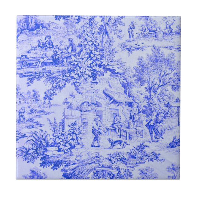 French Blue White Toile Chinoiserie Rustic Style  Tile (Front)