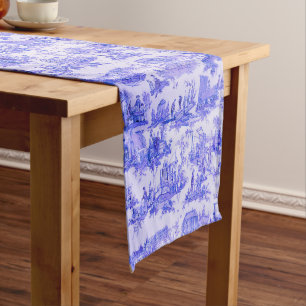 French Blue White Toile Chinoiserie Style Rustic  Long Table Runner