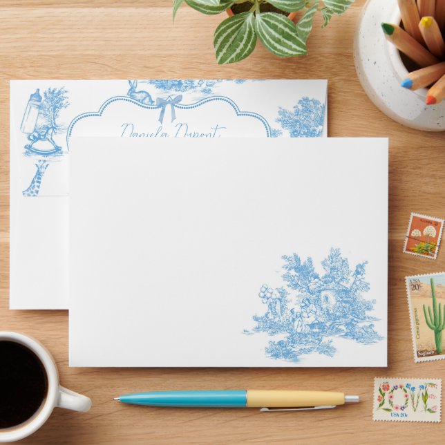 French Blue White Toile de Jouy Bear Baby Shower Envelope (Desk)