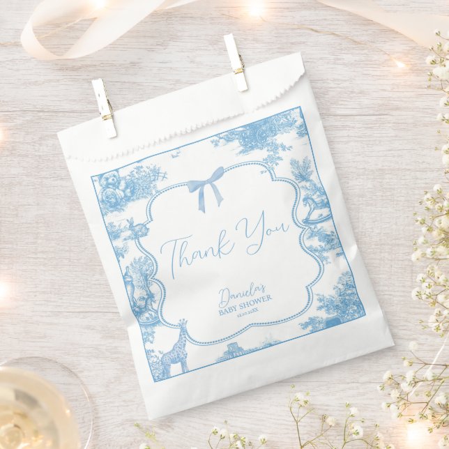 French Blue White Toile de Jouy Bear Baby Shower Favour Bags (Clipped)