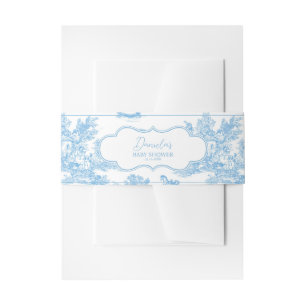 French Blue White Toile de Jouy Bear Baby Shower Invitation Belly Band