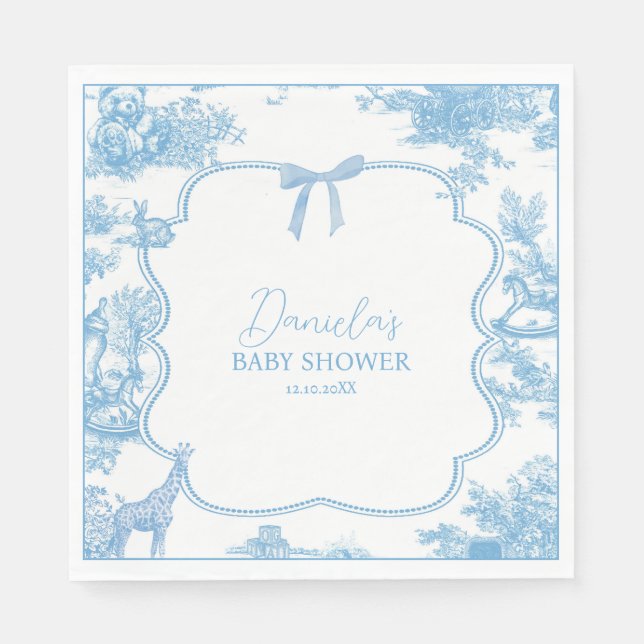French Blue White Toile de Jouy Bear Baby Shower Napkin (Front)