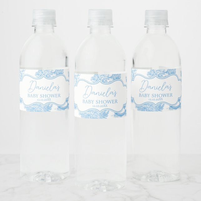 French Blue White Toile de Jouy Bear Baby Shower Water Bottle Label (Bottles)