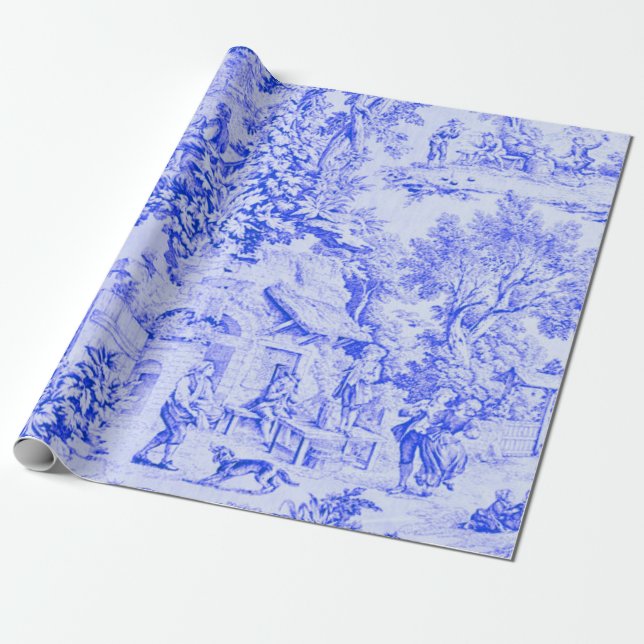 French Blue White Toile Rustic Style Decoupage Wrapping Paper (Unrolled)