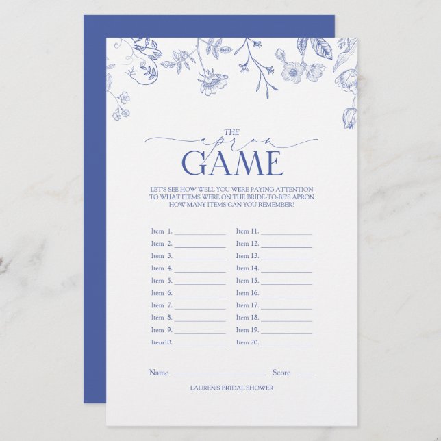 French Blue & White Victorian Bridal Shower Game (Front/Back)