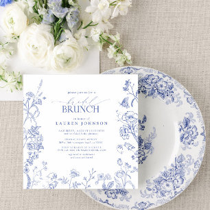 French Blue & White Victorian Floral Bridal Brunch Invitation