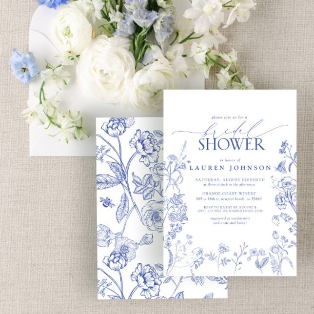 French Blue & White Victorian Floral Bridal Shower Invitation (Creator Uploaded)