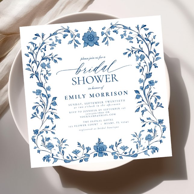 French Blue & White Victorian Floral Bridal Shower Invitation (Creator Uploaded)