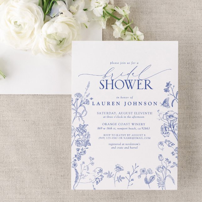 French Blue & White Victorian Floral Bridal Shower Invitation (Exquisite Elegance: A Chinoiserie Bridal Shower)