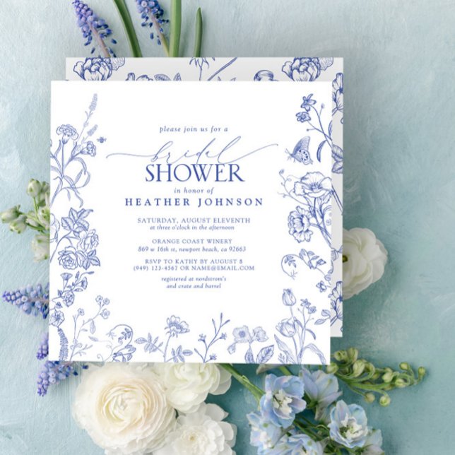 French Blue & White Victorian Floral Bridal Shower Invitation (Easily personalize this beautiful bridal shower invitation for a gorgeous Regency style shower!)