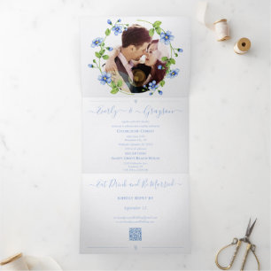 French Blue Wildflower Floral Wreath Wedding Tri-Fold Invitation