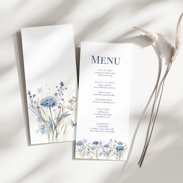 French Blue Wildflower Meadow Wedding Menu Card (French Blue Wildflower Meadow Wedding Menu Card on a sunny white table.)