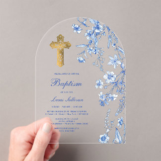 French Blue Wildflowers Arch Baptism Acrylic Invitations