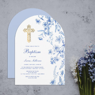 French Blue Wildflowers Arch Baptism Invitation