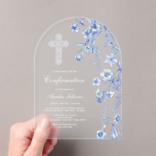 French Blue Wildflowers Arch Confirmation Acrylic Invitations (Insitu (Handheld))