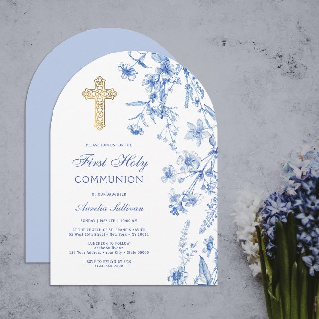 French Blue Wildflowers Arch First Communion Invitation (Creator Uploaded)
