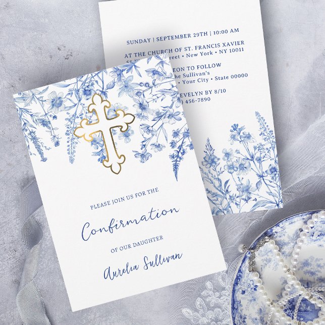 French Blue Wildflowers Confirmation Invitation (Creator Uploaded)