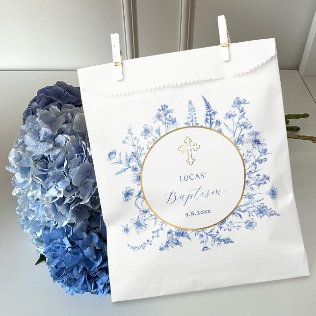 French Blue Wildflowers Gold Circle Baptism Favour Bags (Creator Uploaded)