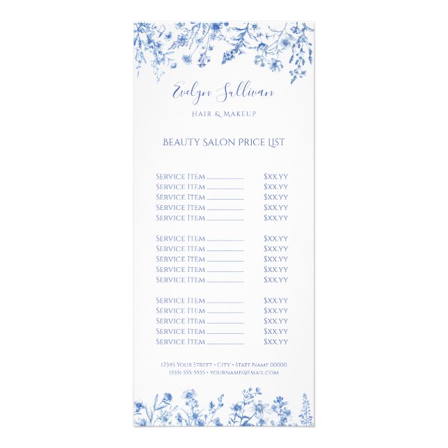 French blue wildflowers price list rack card (Front)