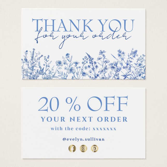 French blue wildflowers thank you discount card (Front & Back)