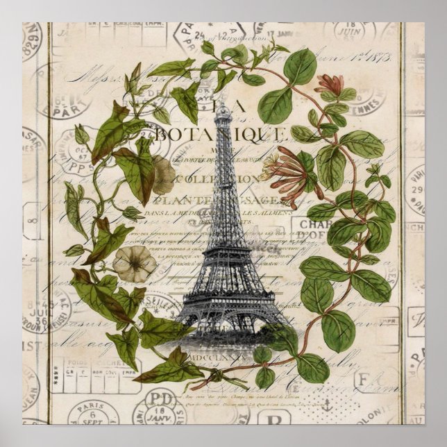 french botanical ivy leaves  paris eiffel tower poster (Front)