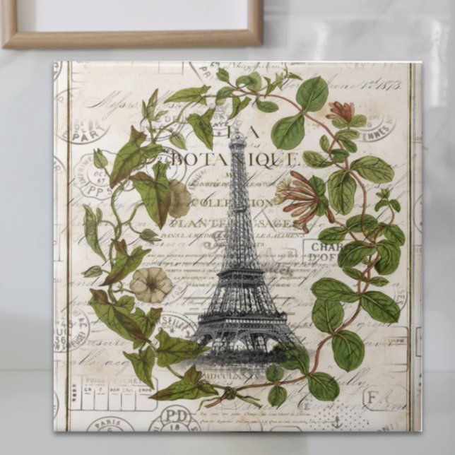 french botanical ivy leaves  paris eiffel tower tile (french botanical ivy leaves paris eiffel tower ceramic tile)