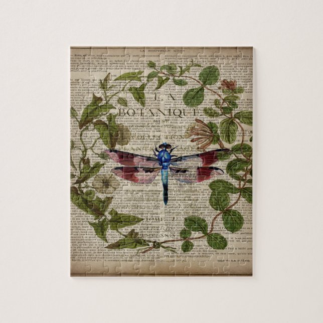 french botanical leaves modern vintage dragonfly jigsaw puzzle (Vertical)