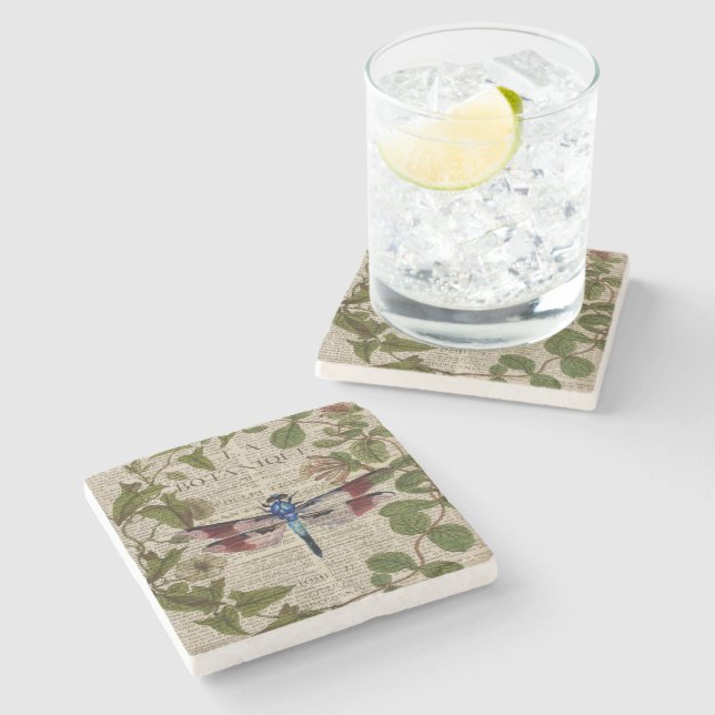 french botanical leaves modern vintage dragonfly stone coaster (Side)
