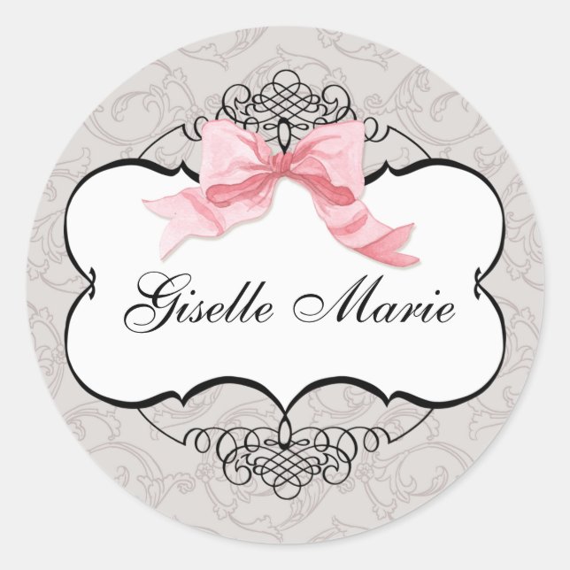 French Bow Damask Swirl, Girl Baby Shower Seal (Front)