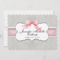 French Bow Damask Swirl Girl Birth Announcement -