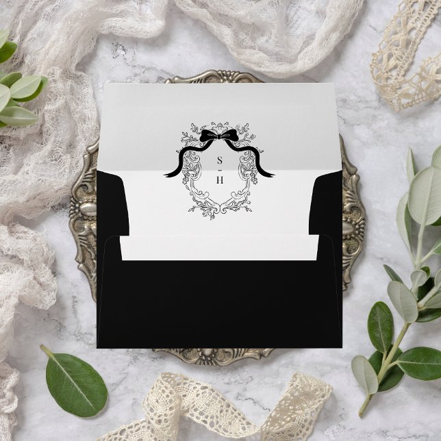 French Bow Victorian Crest Monogram Black Wedding Envelope (Creator Uploaded)