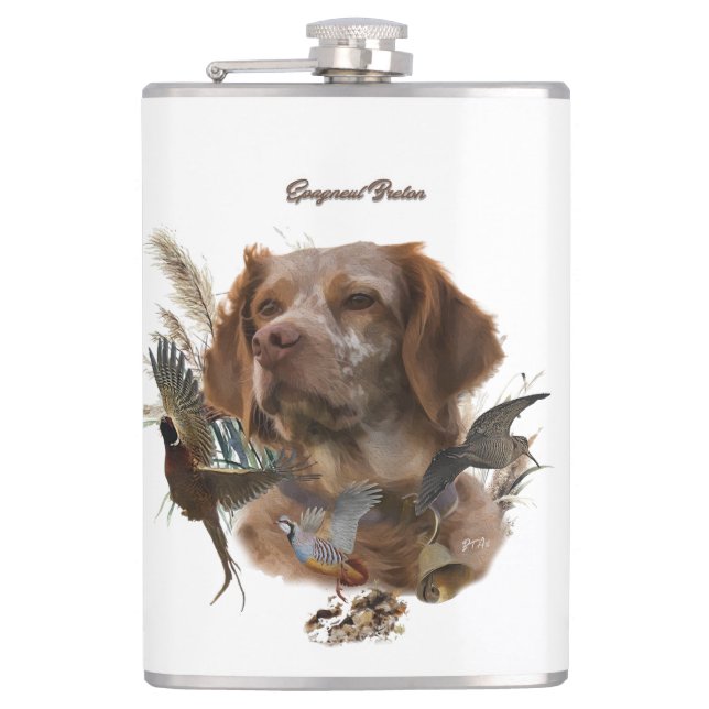 French Brittany, Bird Hunting Art  Hip Flask (Front)