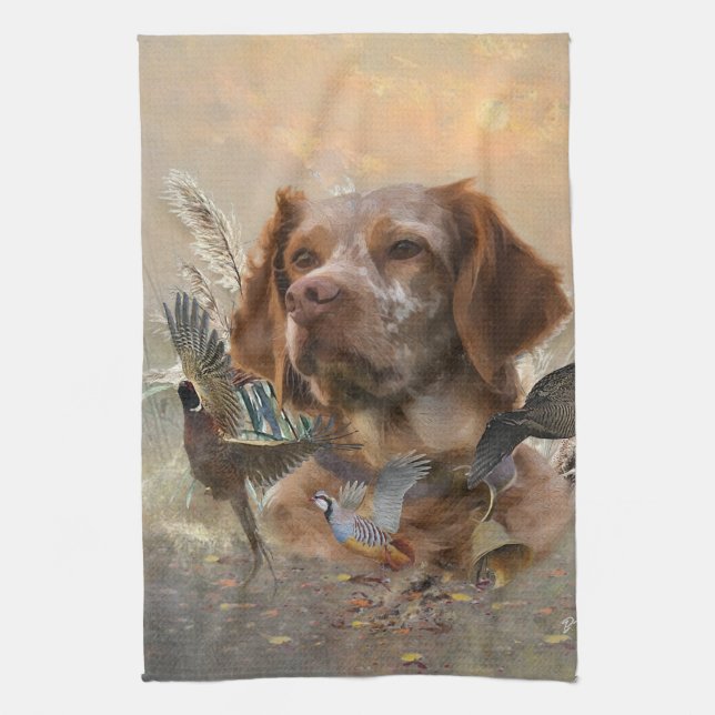 French Brittany, Bird Hunting Art  Tea Towel (Vertical)
