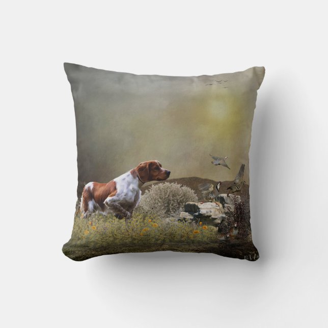 French Brittany hunting partridges , Art  Cushion (Front)