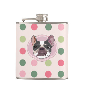 French bull dog  and colourful dots hip flask