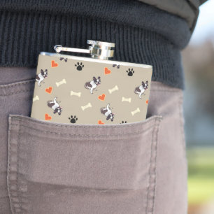 French bull dog, dog treat and paw patterns hip flask
