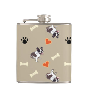 French bull dog, dog treat and paw patterns hip flask