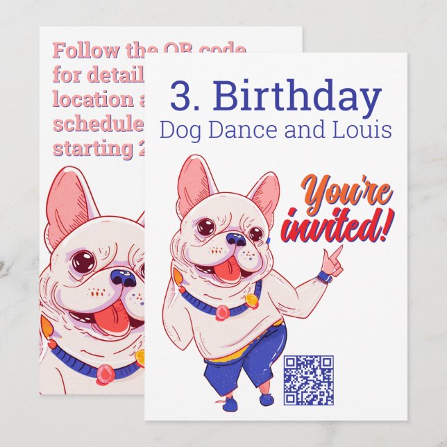 French Bulldog 3. Birthday Invitation  (Front/Back)
