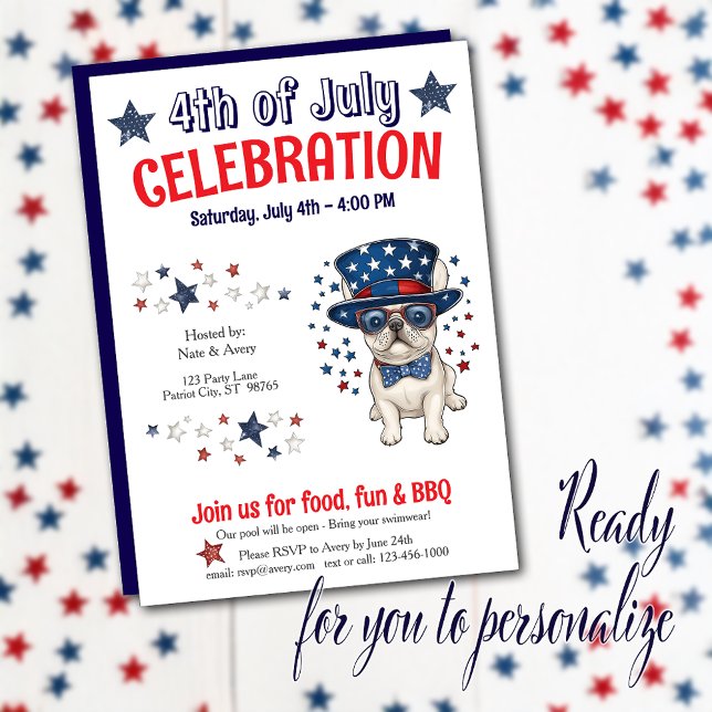 French Bulldog 4th of July Party BBQ Invitation (This whimsical design captures hearts with a charming Frenchie dressed in true patriotic spirit.)