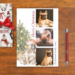 French Bulldog and Christmas Tree Pet Dog Photo Holiday Card<br><div class="desc">This beautiful French Bulldog themed Christmas card features a Frenchie wearing a Santa hat sitting in front of a lit Christmas tree. The greeting on the card reads "Merry Christmas" and can be personalised. Further personalise this holiday card with three photos of your pet dog, a signature and the year....</div>
