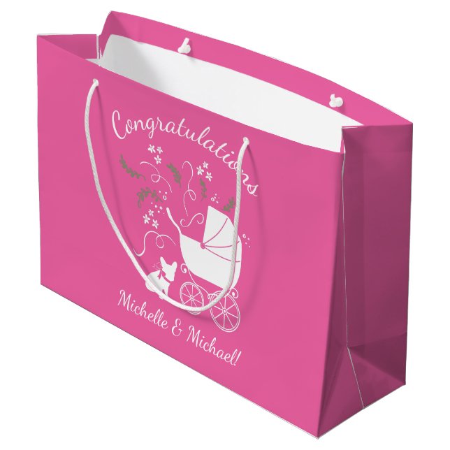 French Bulldog Baby Shower Frenchy Frenchie Pink Large Gift Bag (Back Angled)