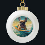 French Bulldog Beach Surfing Painting  Ceramic Ball Christmas Ornament<br><div class="desc">Immerse yourself in the playful world of canine adventure with this captivating painting. A spirited dog takes to the waves, skilfully riding the surf on a sun-kissed beach. The vibrant artwork beautifully captures the essence of beachside excitement as the dog fearlessly rides the waves, embodying the spirit of fun and...</div>