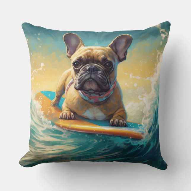 French Bulldog Beach Surfing Painting  Cushion (Front)