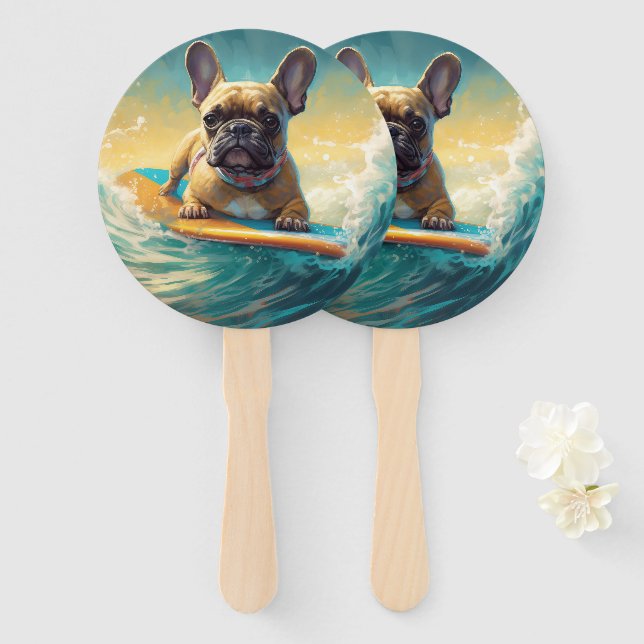 French Bulldog Beach Surfing Painting  Hand Fan (Front and Back)