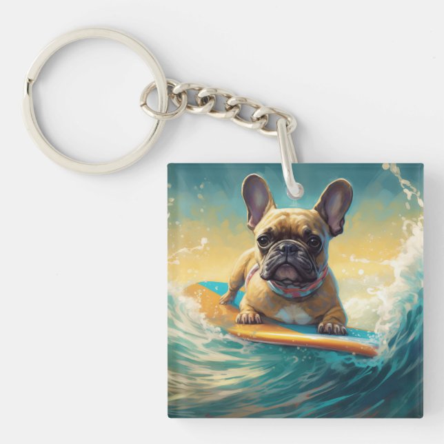French Bulldog Beach Surfing Painting  Key Ring (Front)