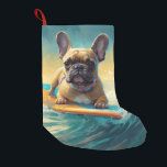 French Bulldog Beach Surfing Painting  Small Christmas Stocking<br><div class="desc">Immerse yourself in the playful world of canine adventure with this captivating painting. A spirited dog takes to the waves, skilfully riding the surf on a sun-kissed beach. The vibrant artwork beautifully captures the essence of beachside excitement as the dog fearlessly rides the waves, embodying the spirit of fun and...</div>