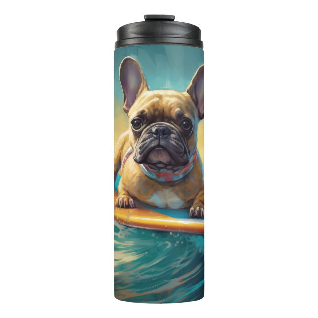 French Bulldog Beach Surfing Painting  Thermal Tumbler (Front)