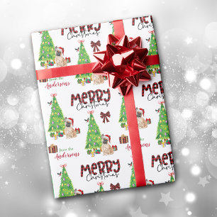 French Bulldog, Bird, and Christmas Tree Wrapping Paper
