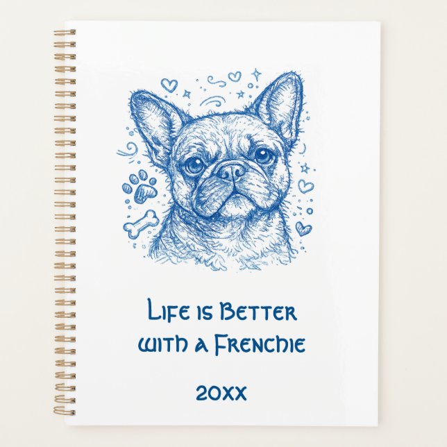 French Bulldog blue lineart doodle frenchie 2027 Planner (Front)