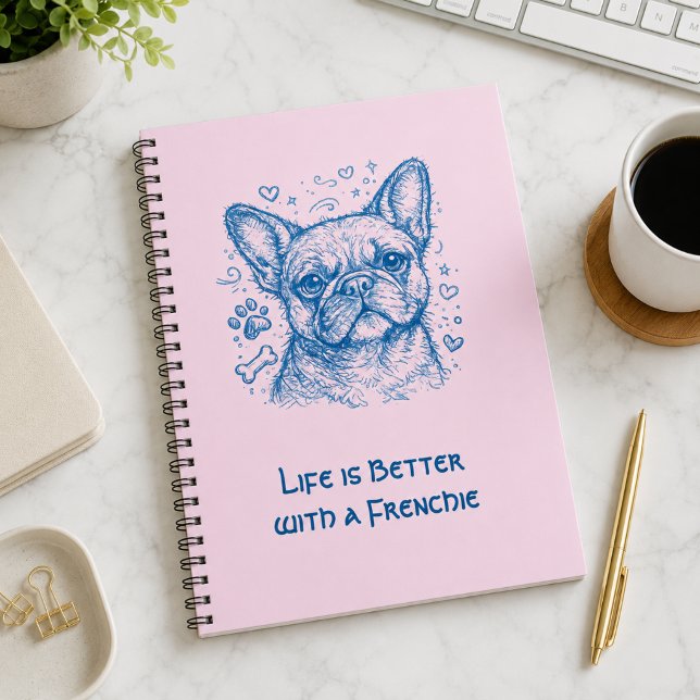 French Bulldog blue lineart doodle frenchie pink Notebook (Creator Uploaded)